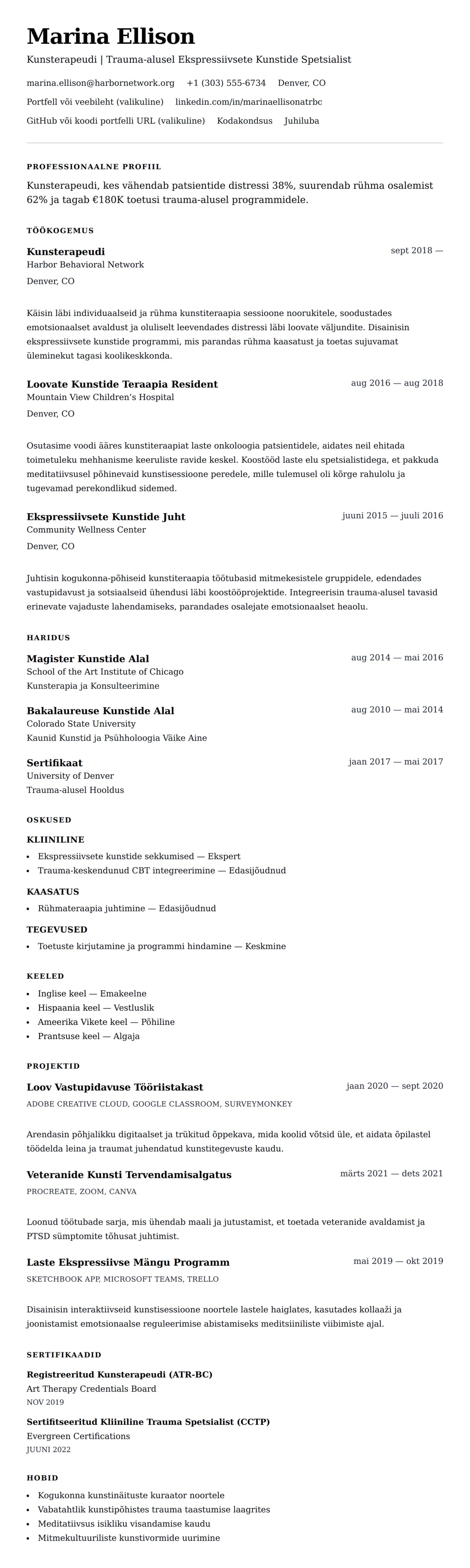 CV eelvaade Kunsterapeudi CV Näidis jaoks