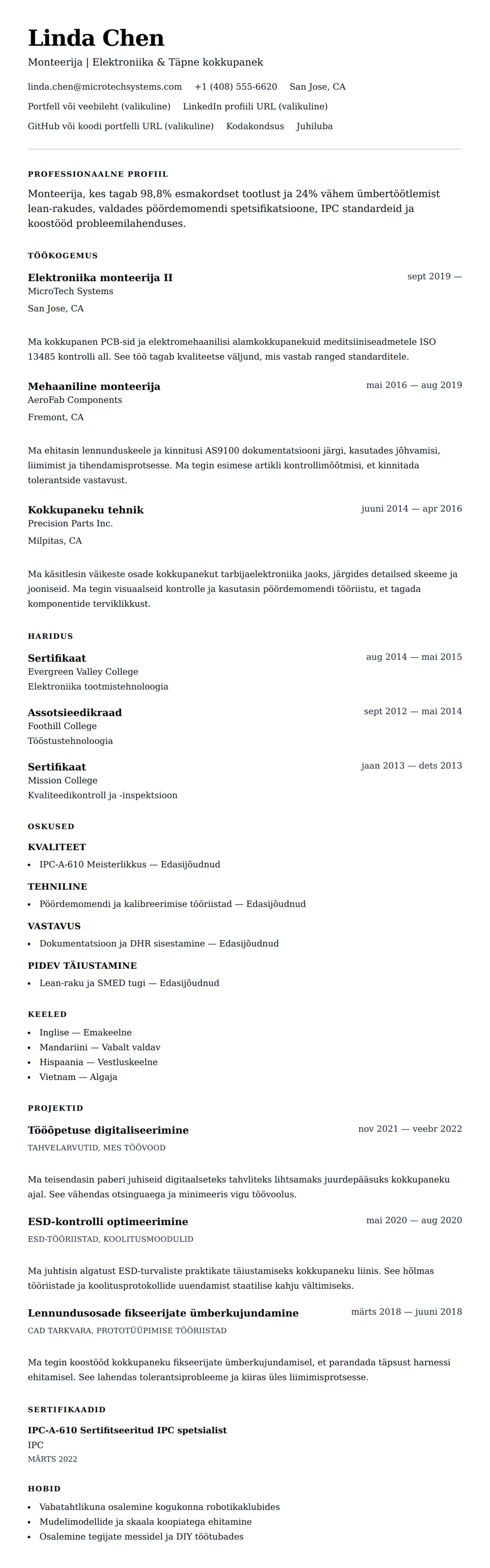 CV eelvaade Monteerija CV näide jaoks