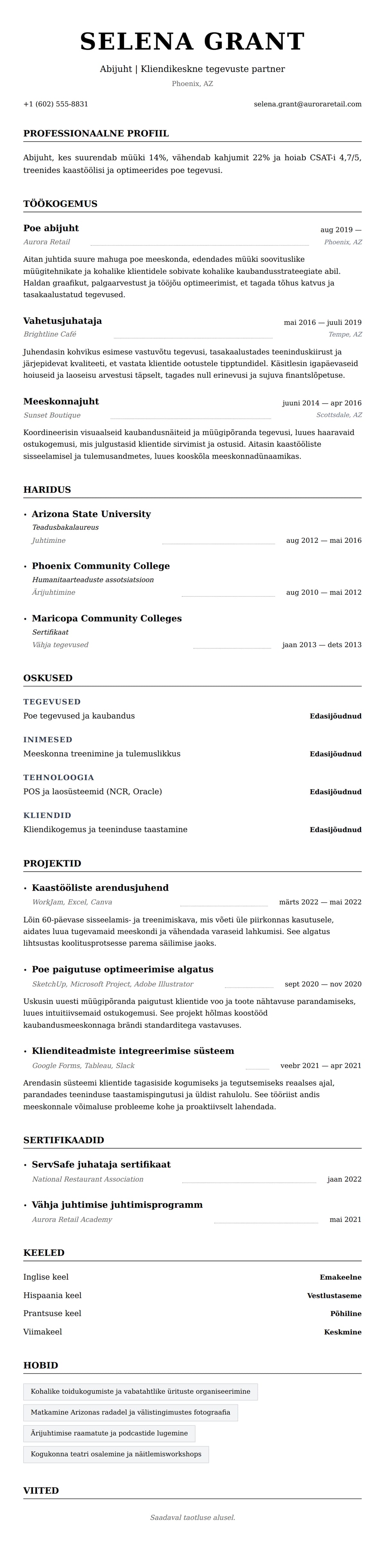 CV eelvaade Abijuhi CV näidis jaoks