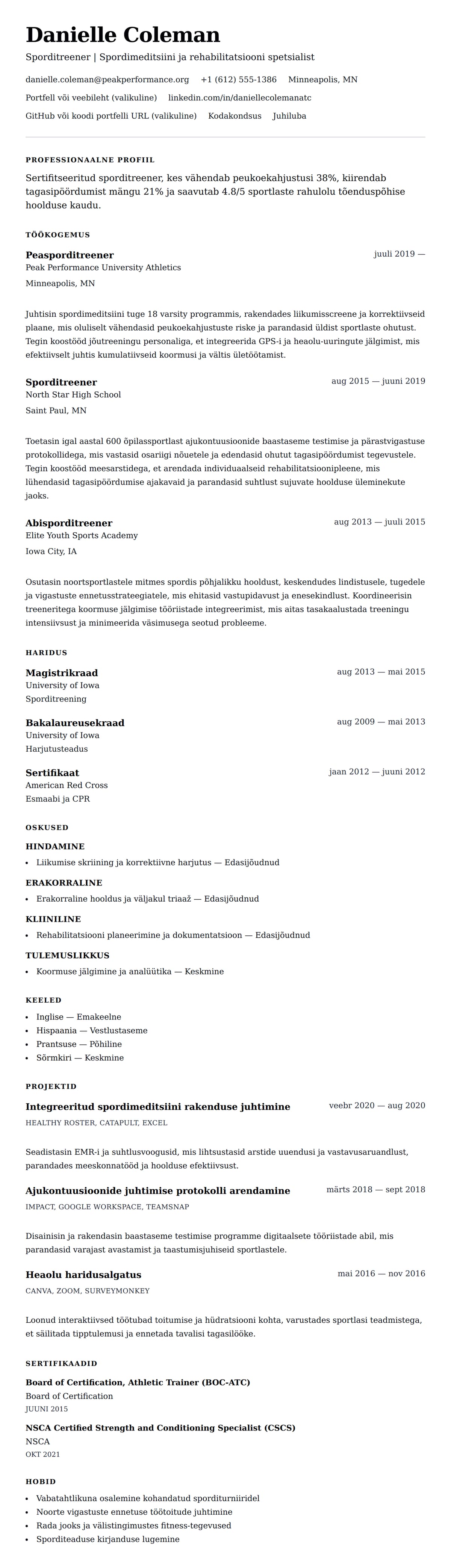 CV eelvaade Sporditreeners CV näide jaoks