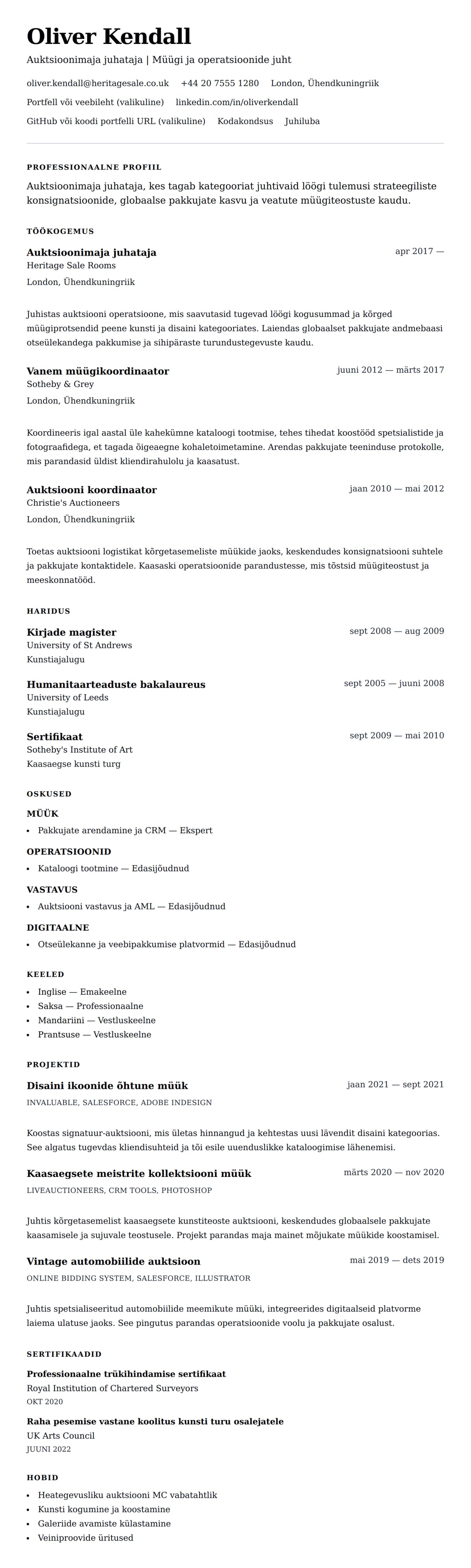 CV eelvaade Auktsioonimaja juhataja CV näidis jaoks