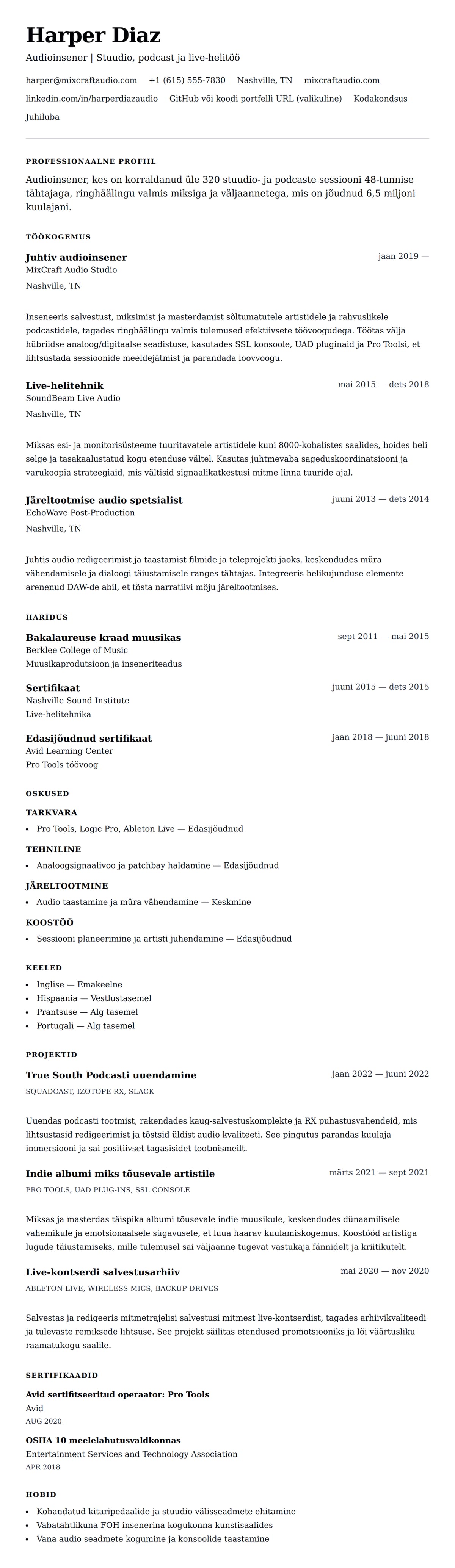 CV eelvaade Audioinseneri CV näide jaoks