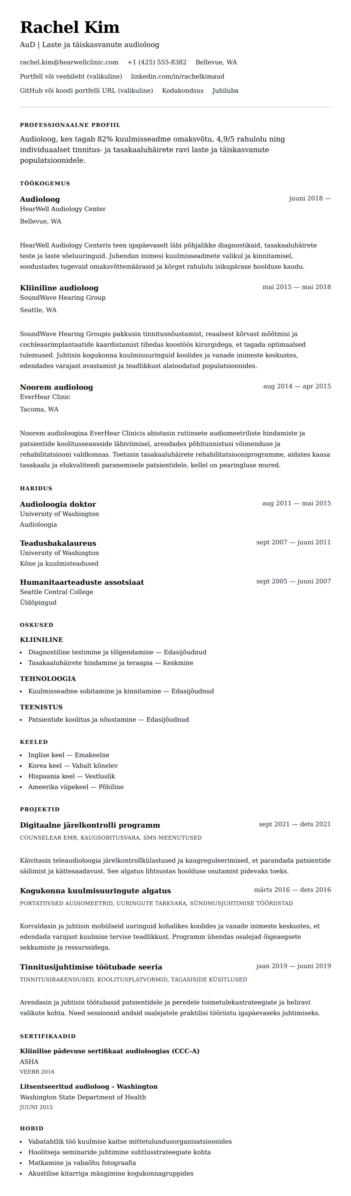 CV eelvaade Audioloogi CV näidis jaoks