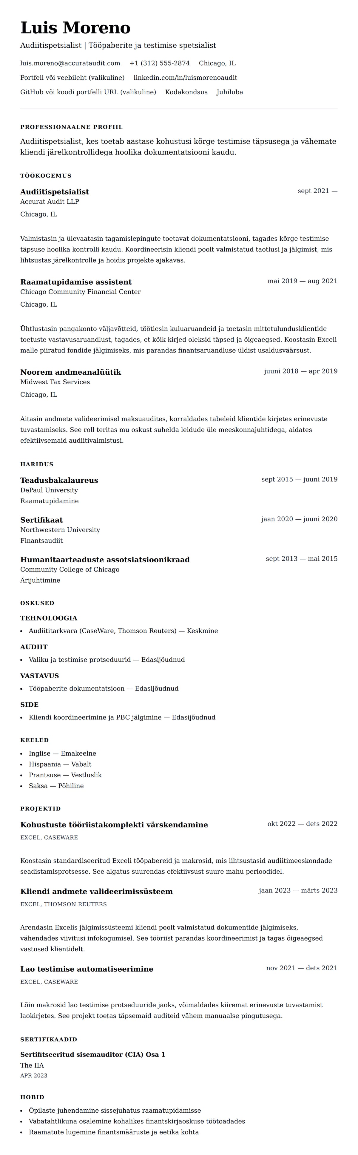 CV eelvaade Audiitispetsialisti CV näide jaoks