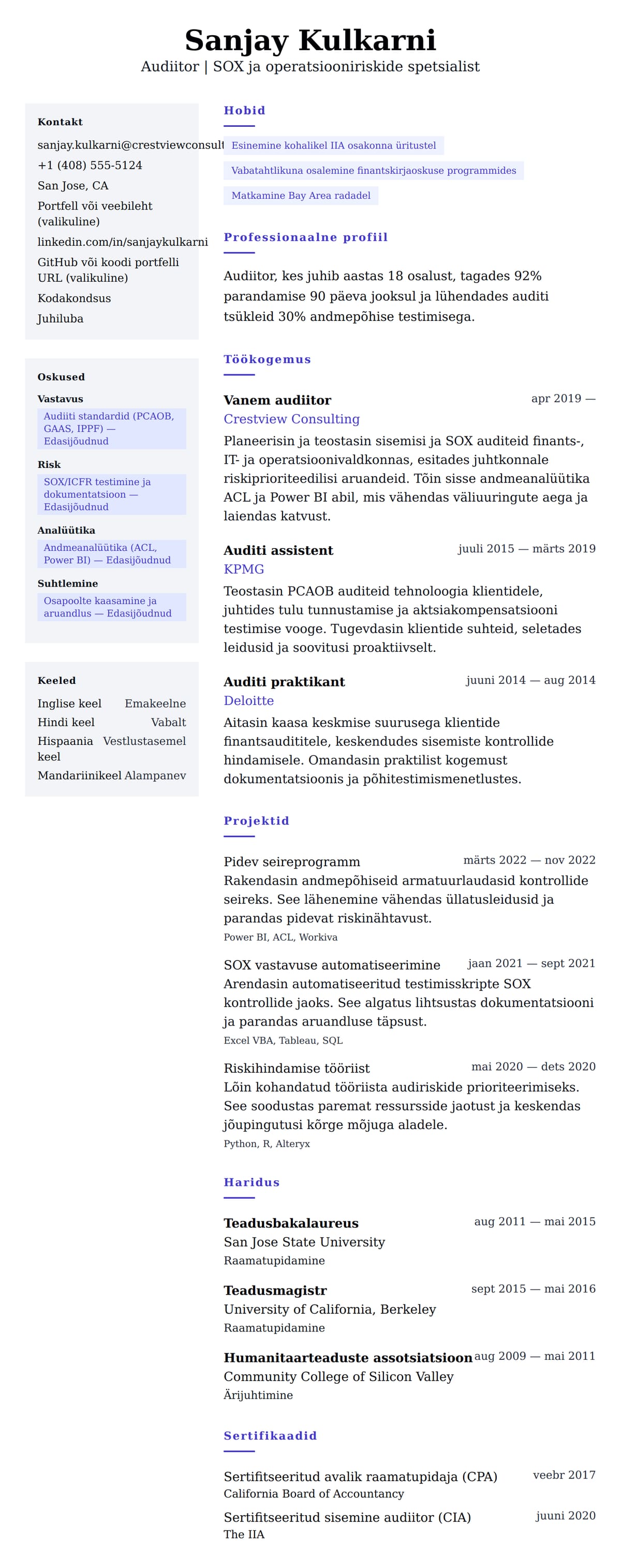 CV eelvaade Audiitori CV näide jaoks