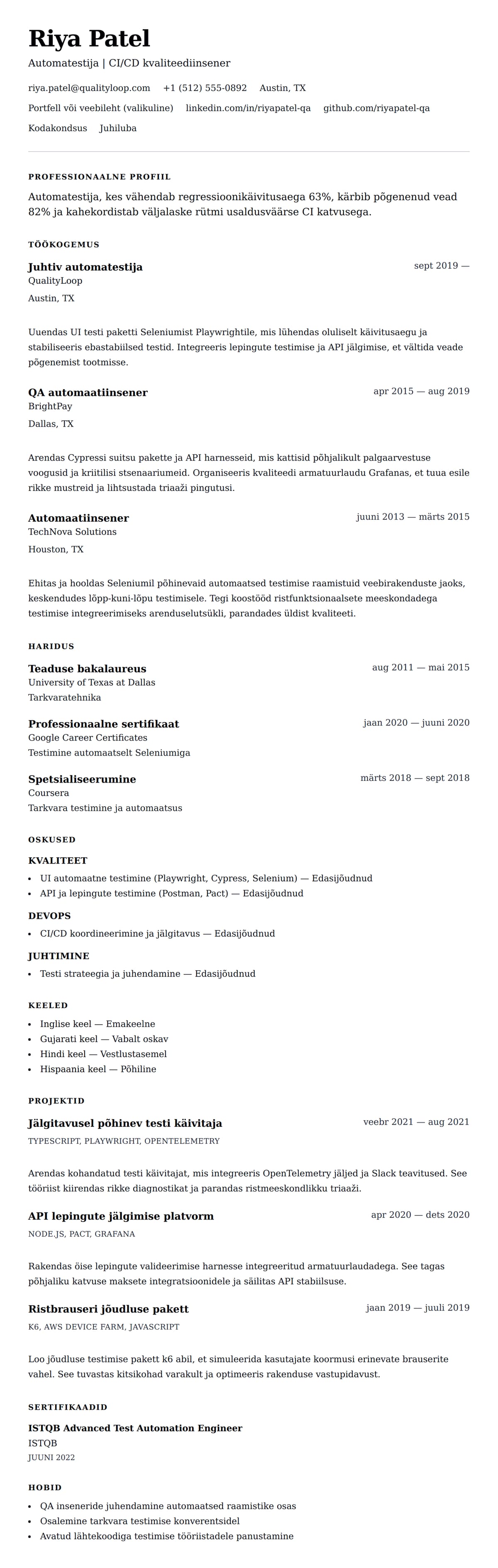 CV eelvaade Automatestija CV näide jaoks