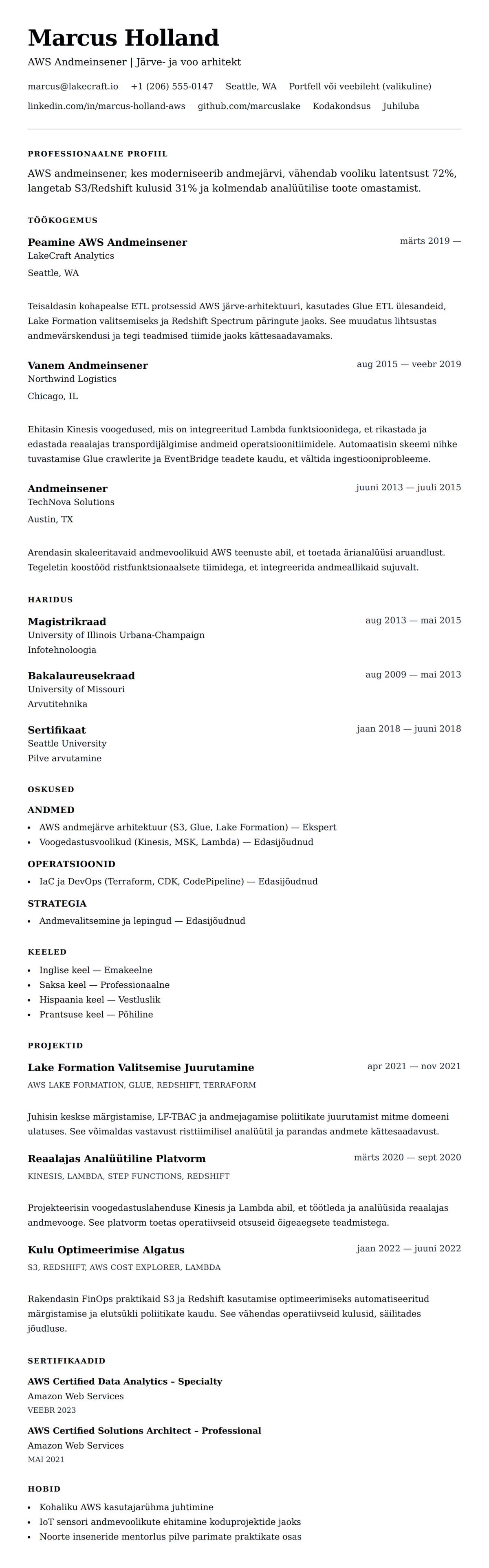 CV eelvaade AWS Andmeinseneri CV Näide jaoks