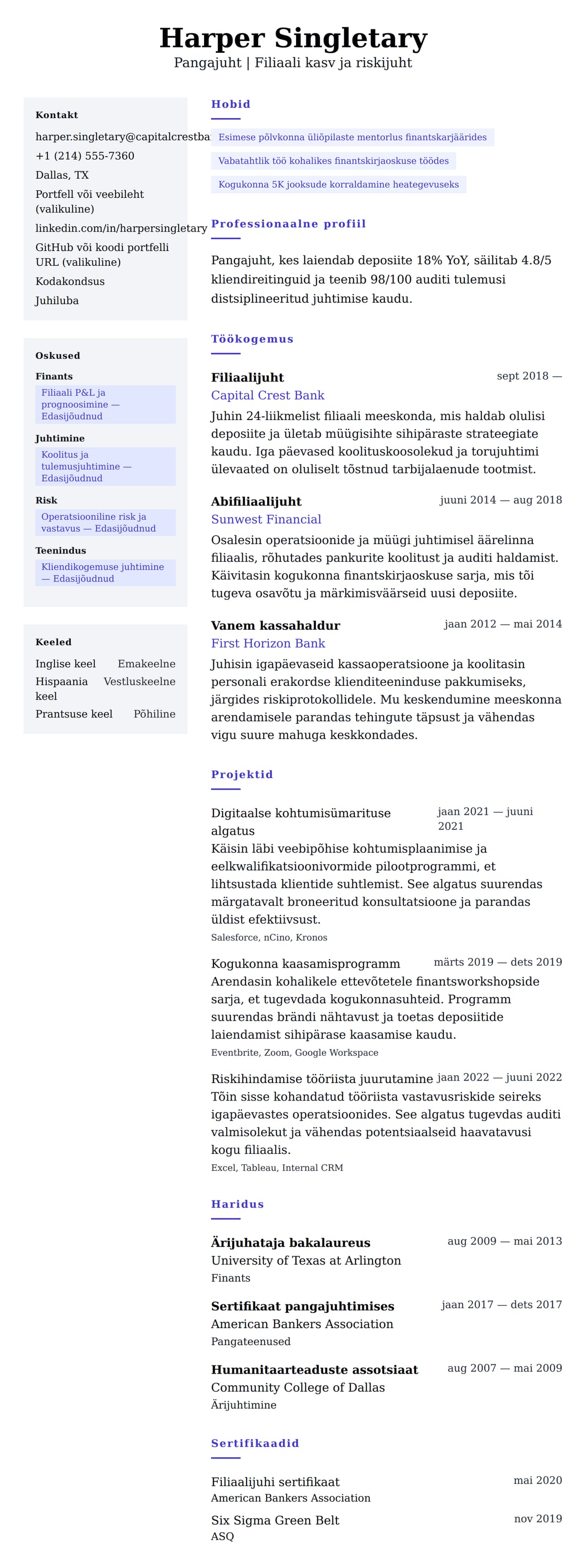 CV eelvaade Pangajuhi CV näide jaoks