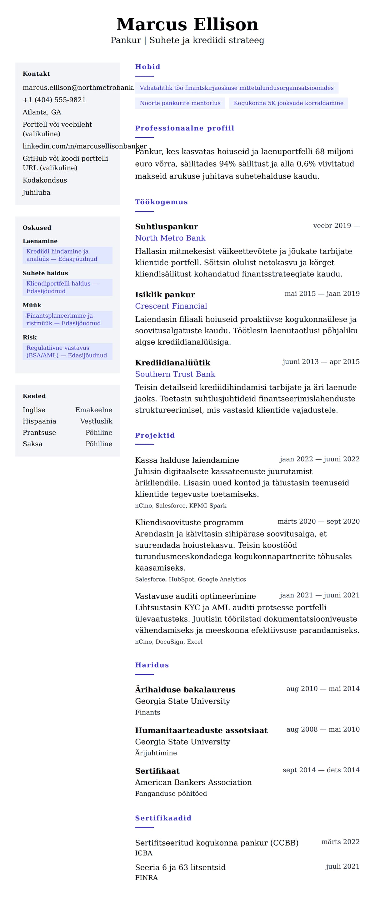 CV eelvaade Panguri CV näide jaoks