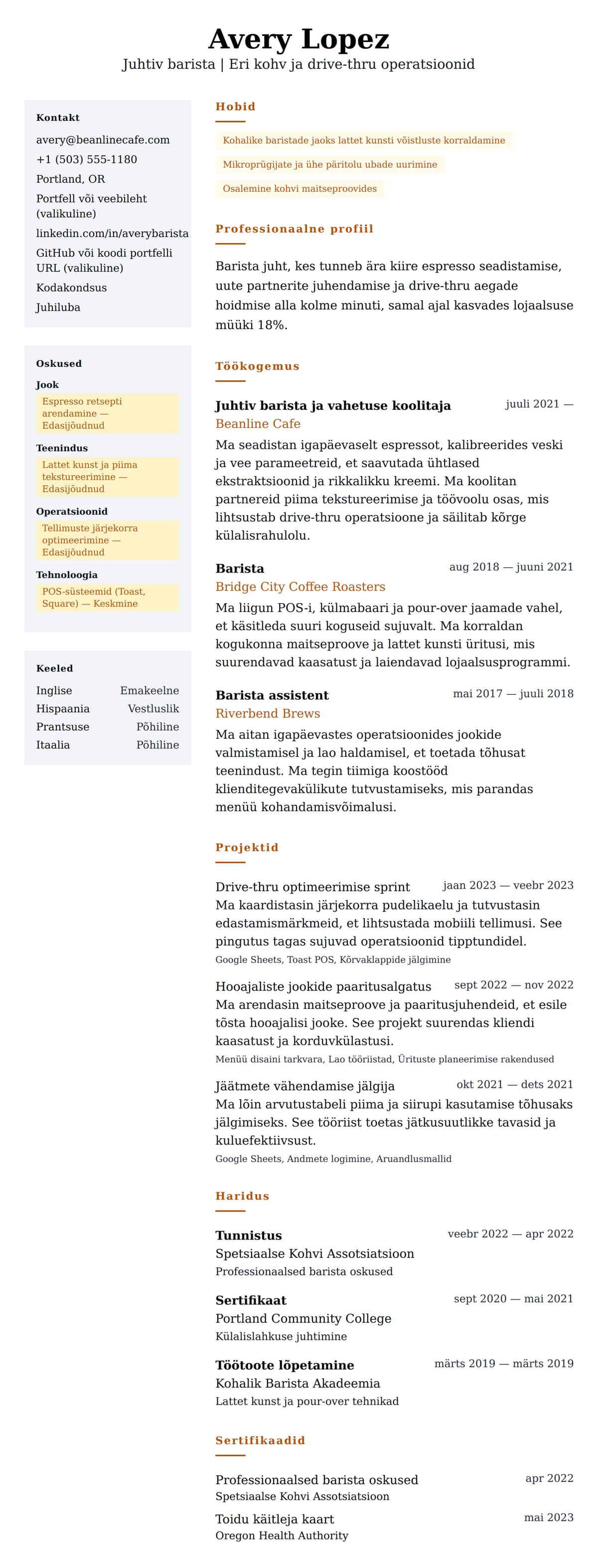 CV eelvaade Barista CV näide jaoks