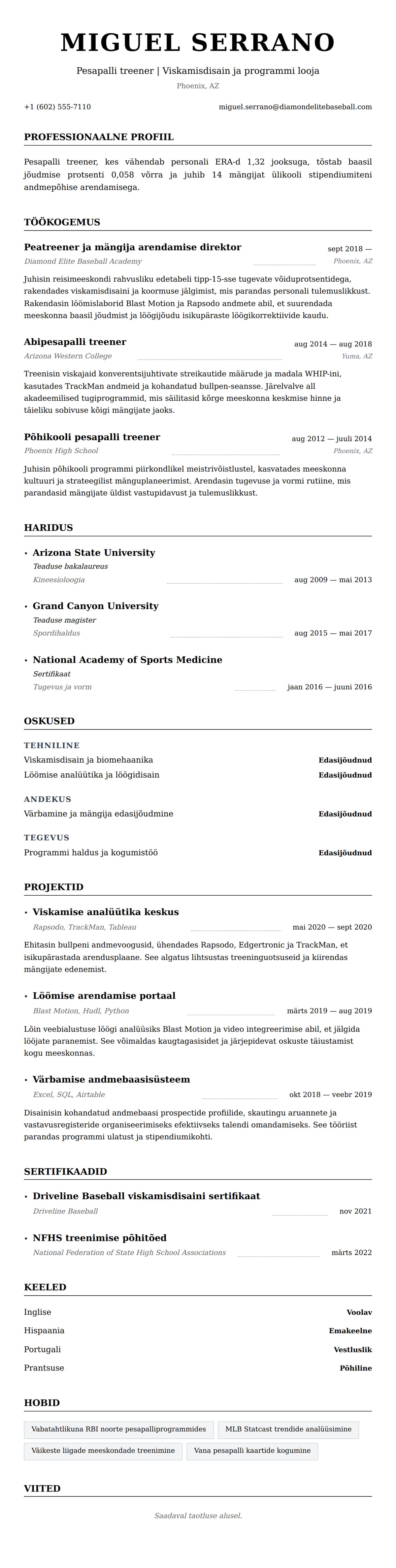 CV eelvaade Pesapalli treeneri CV näide jaoks