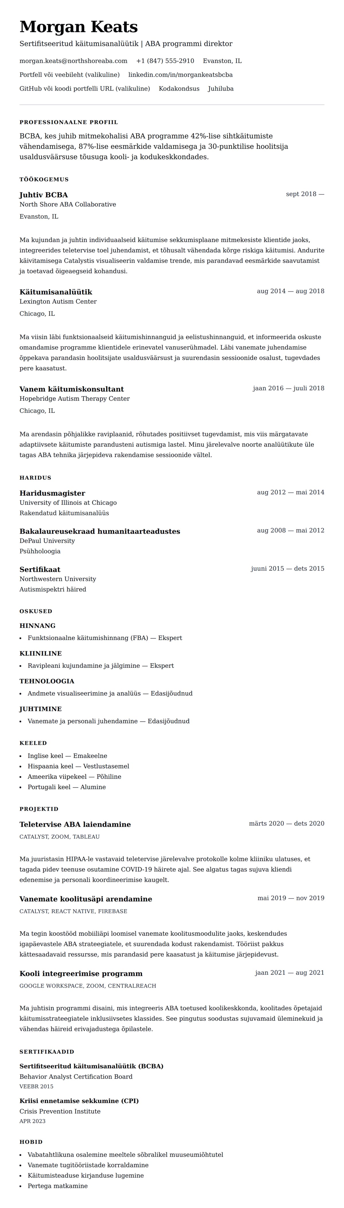 CV eelvaade Sertifitseeritud käitumisanalüütiku (BCBA) CV näide jaoks