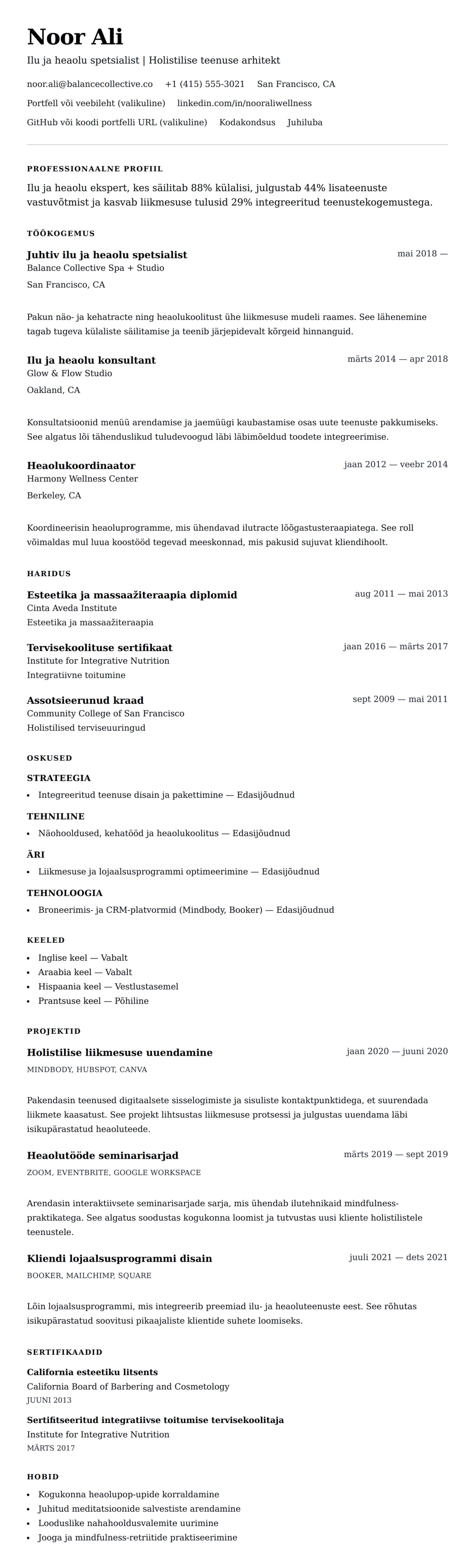 CV eelvaade Ilu ja heaolu spetsialisti CV näide jaoks