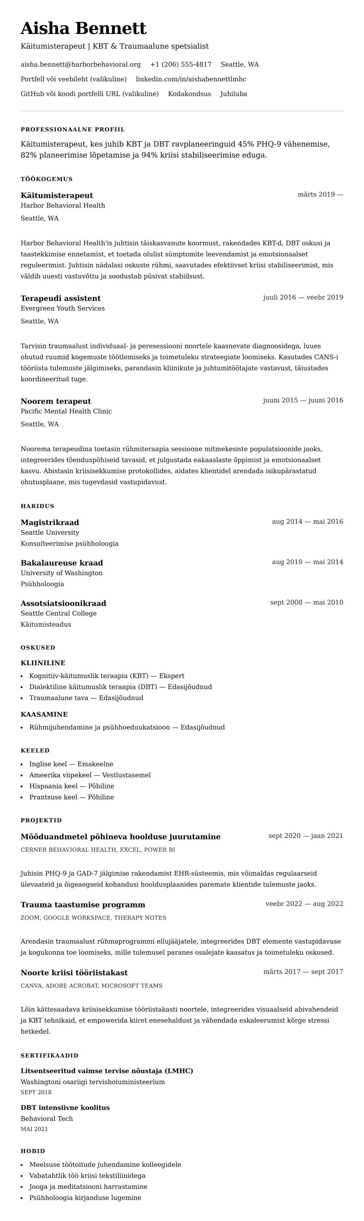CV eelvaade Käitumisterapeudi CV näidis jaoks