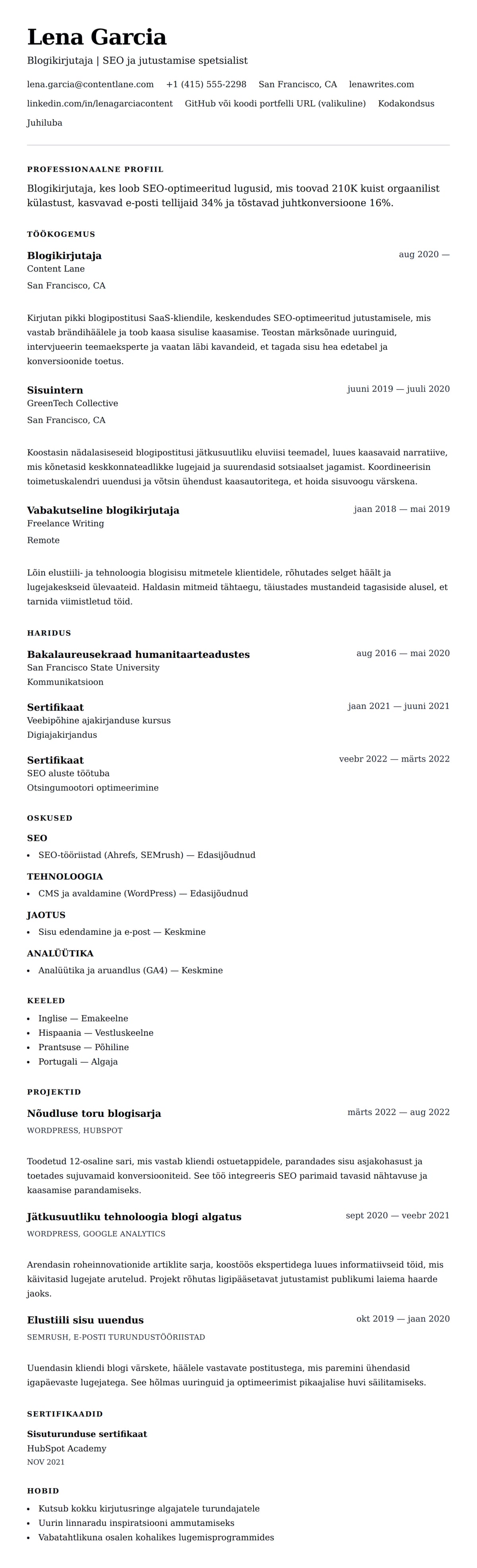 CV eelvaade Blogikirjutaja CV näidis jaoks