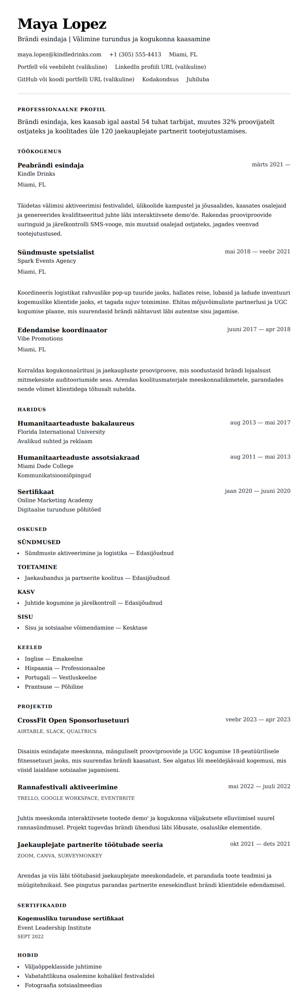 CV eelvaade Brändi esindaja CV näide jaoks