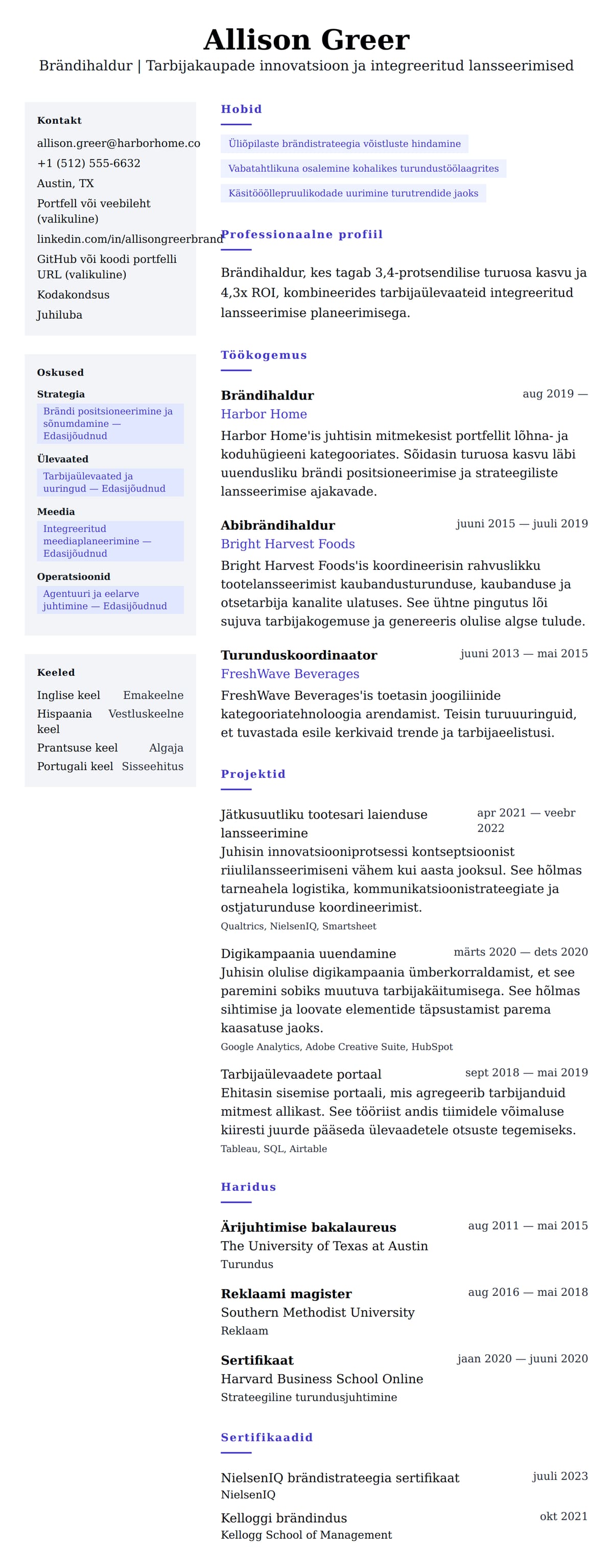 CV eelvaade Brändihalduri CV näide jaoks