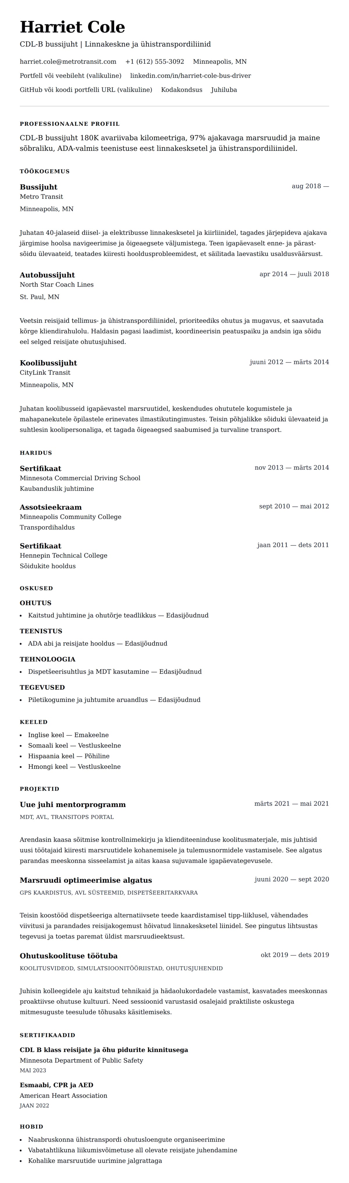 CV eelvaade Bussijuhi CV näide jaoks