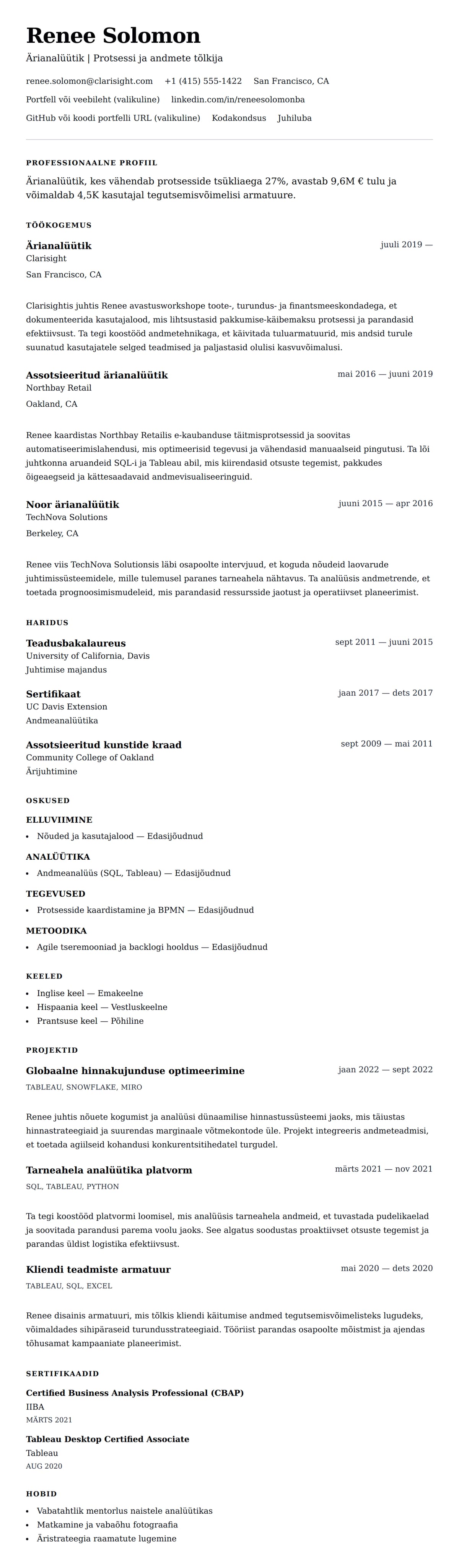 CV eelvaade Ärianalüütiku CV näide jaoks