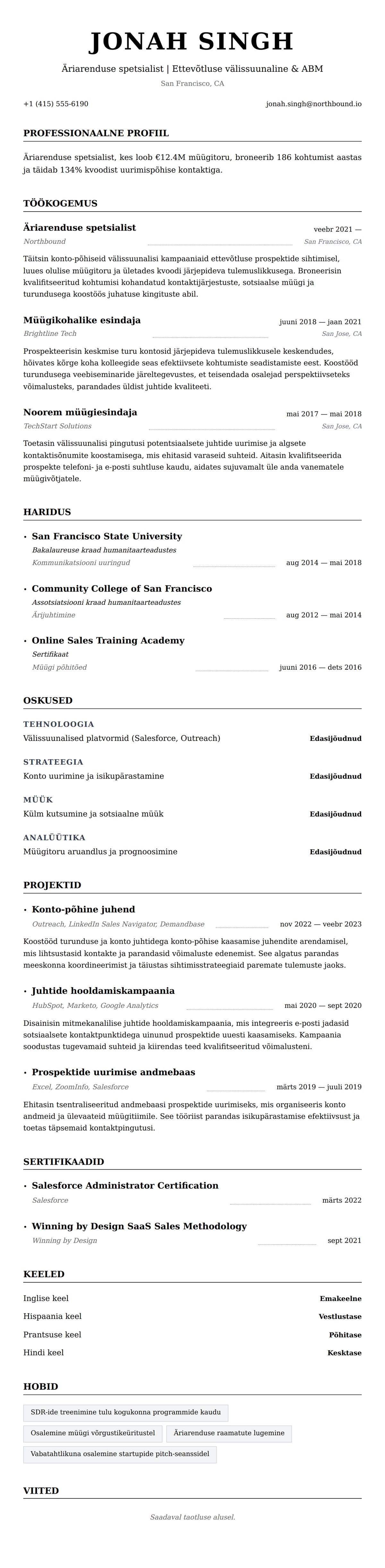CV eelvaade Äriarenduse spetsialisti CV näidis jaoks