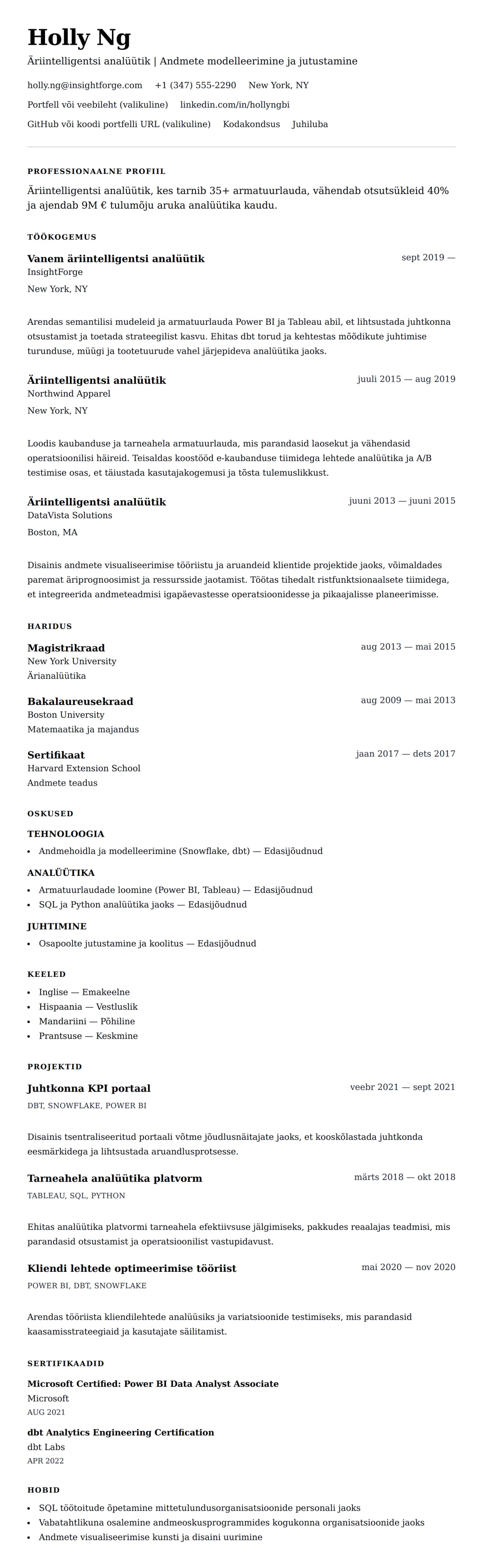 CV eelvaade Äriintelligentsi analüütiku CV näidis jaoks