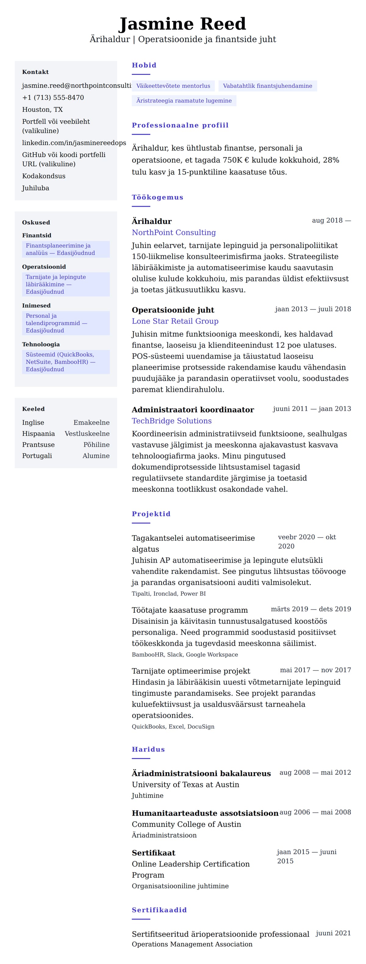 CV eelvaade Näidis ärihalduri CV-st jaoks