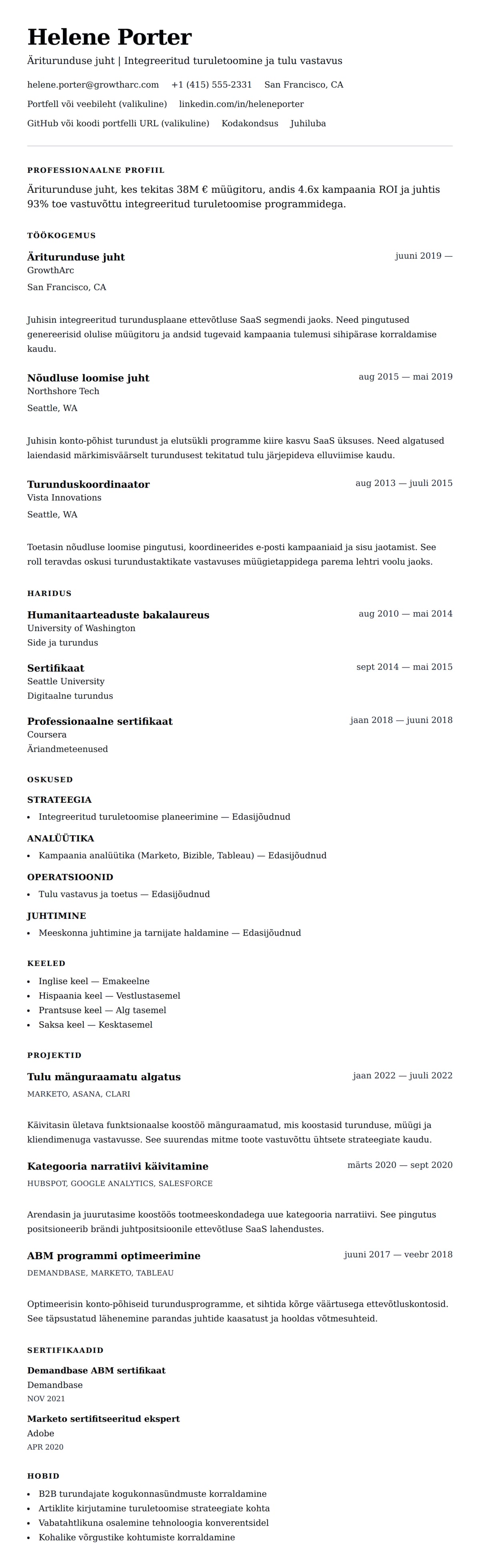 CV eelvaade Äriturunduse juhi CV näide jaoks