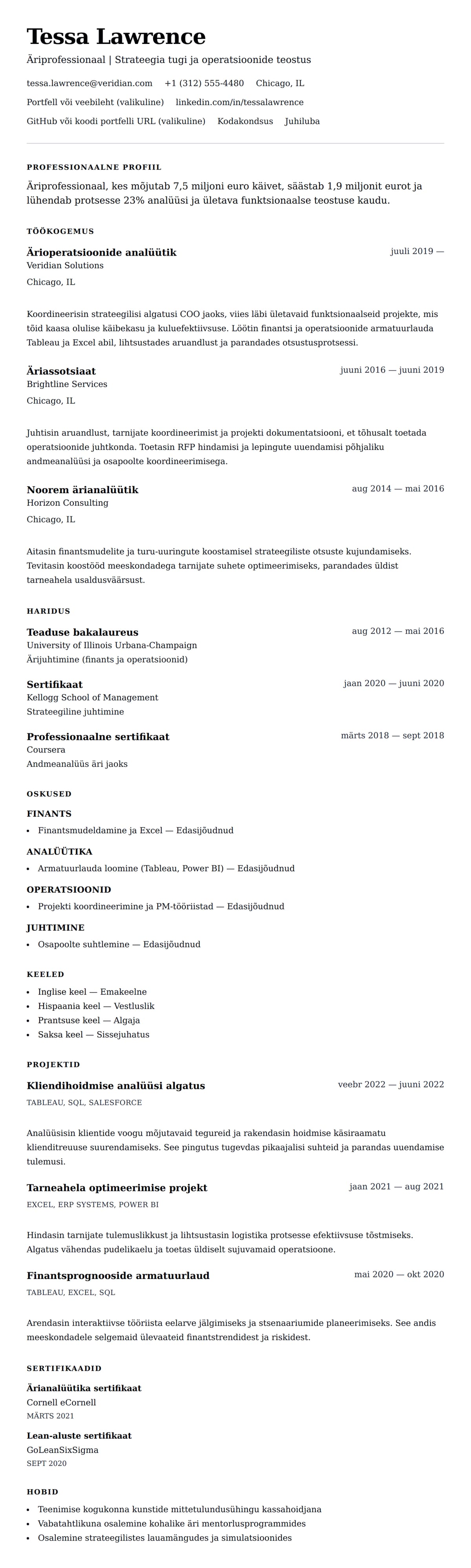 CV eelvaade Äriprofessionaali CV näide jaoks