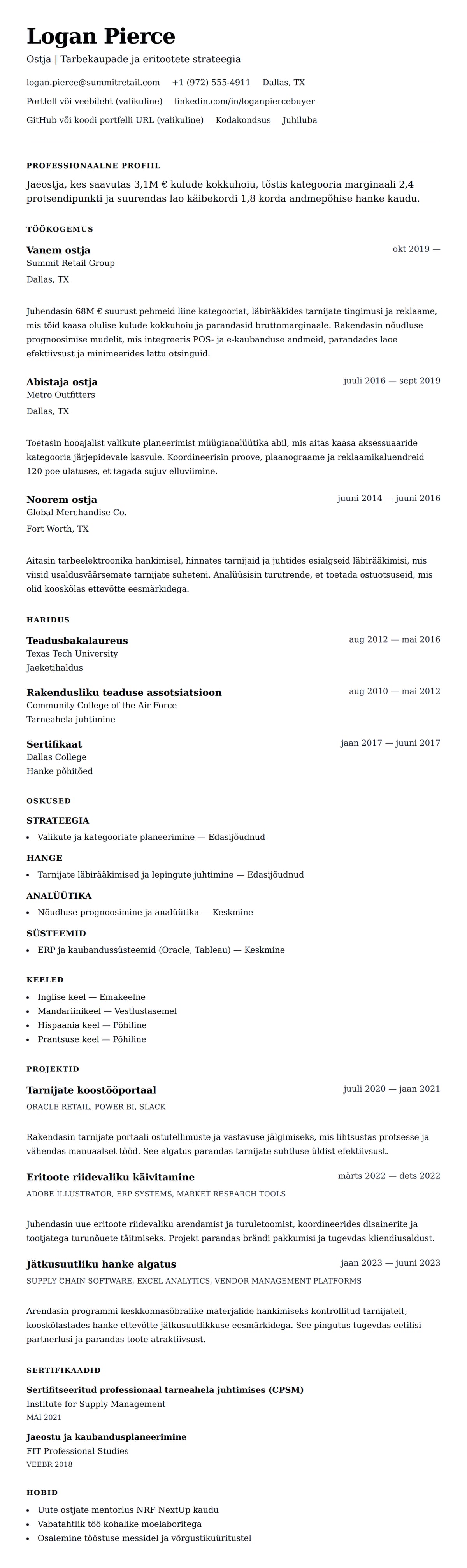 CV eelvaade Ostja CV näide jaoks