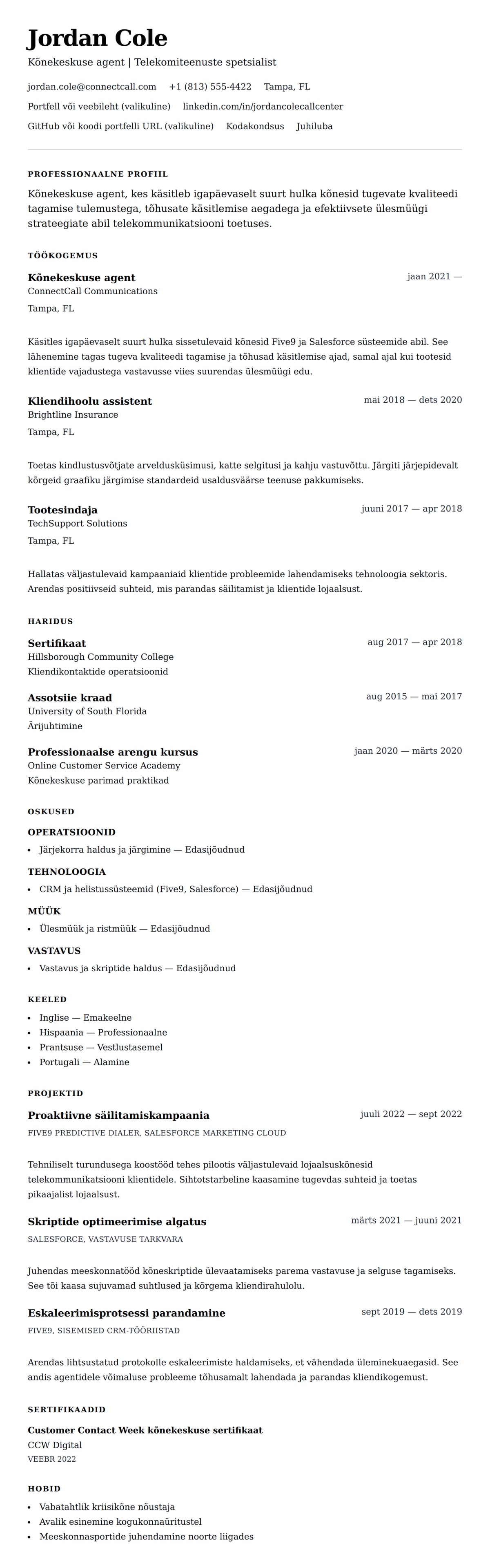 Kõnekeskuse agendi CV näide