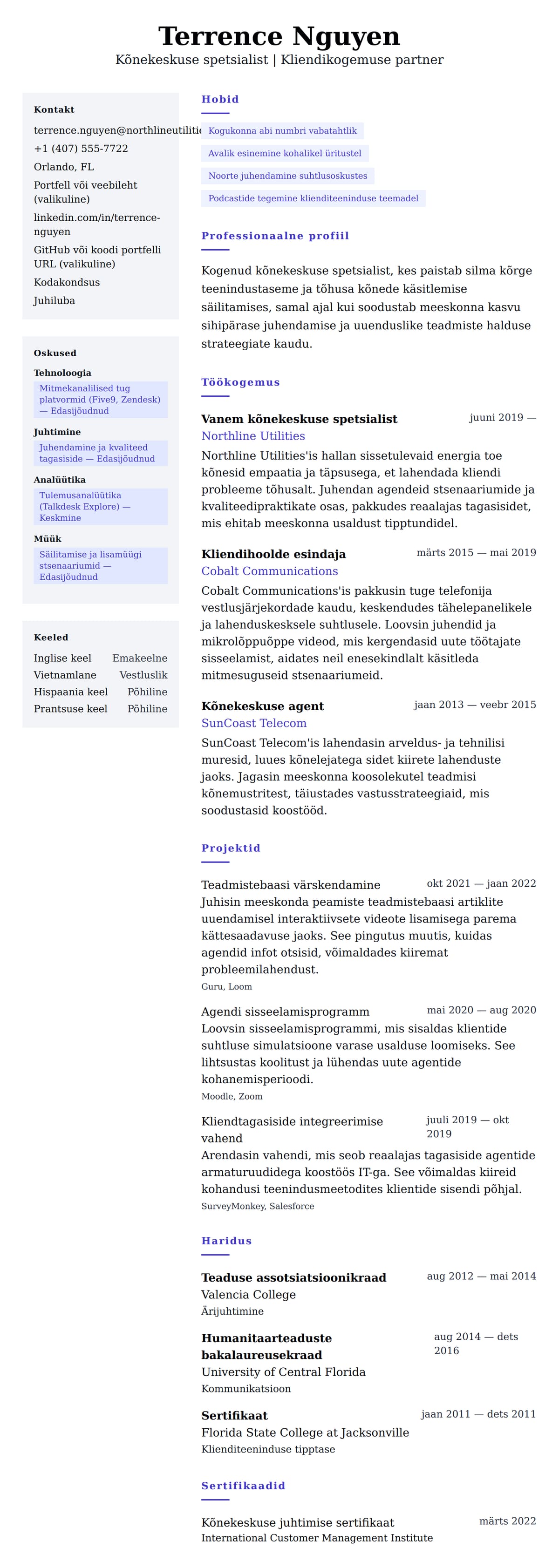 Kõnekeskuse spetsialisti CV näidis