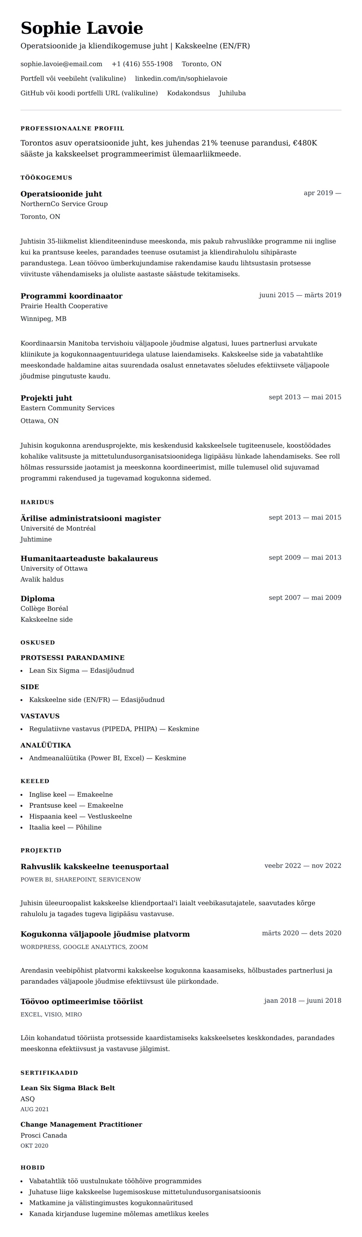 CV eelvaade Kanada CV formaadiga CV näide jaoks