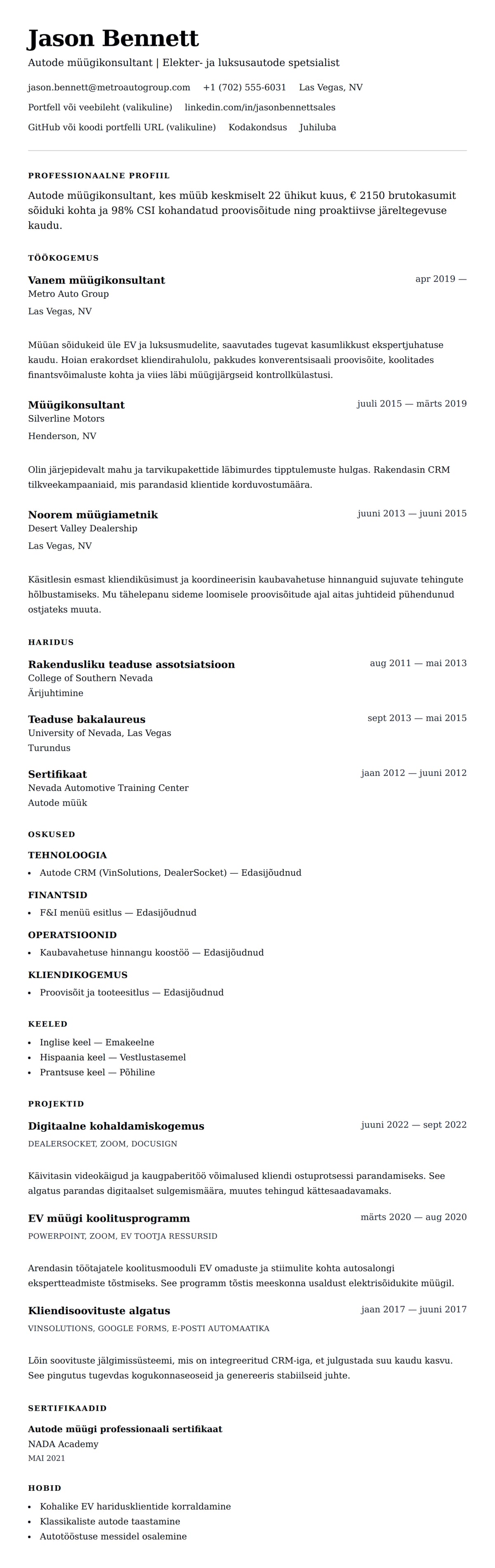 CV eelvaade Autode müügikonsultandi CV näide jaoks