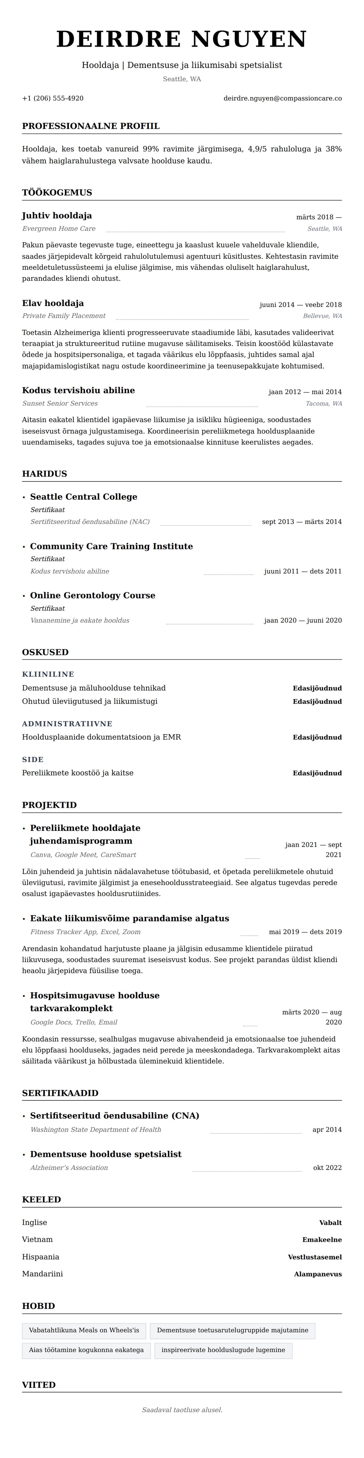 CV eelvaade Hooldaja CV näide jaoks