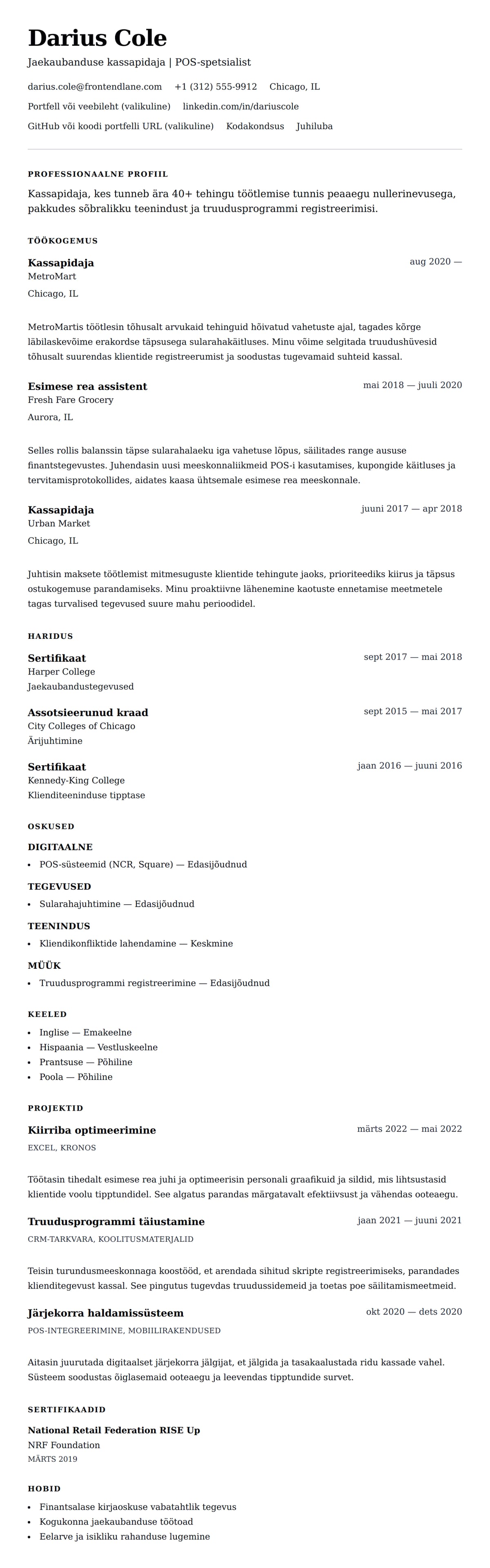 CV eelvaade Kassapidaja CV näide jaoks