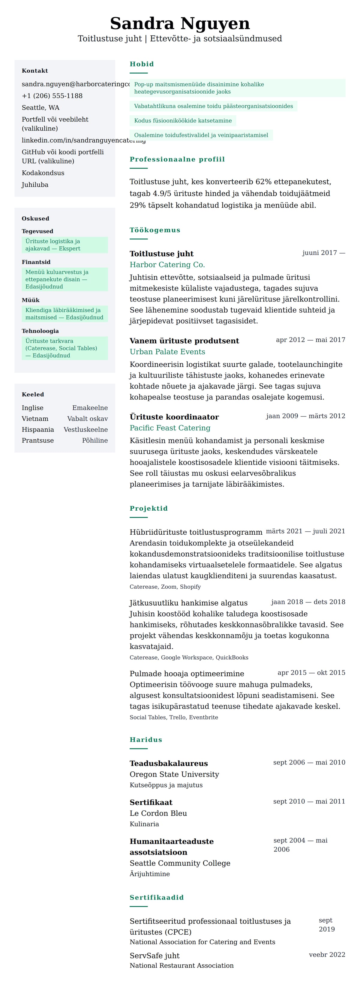 CV eelvaade Toitlustaja CV näide jaoks