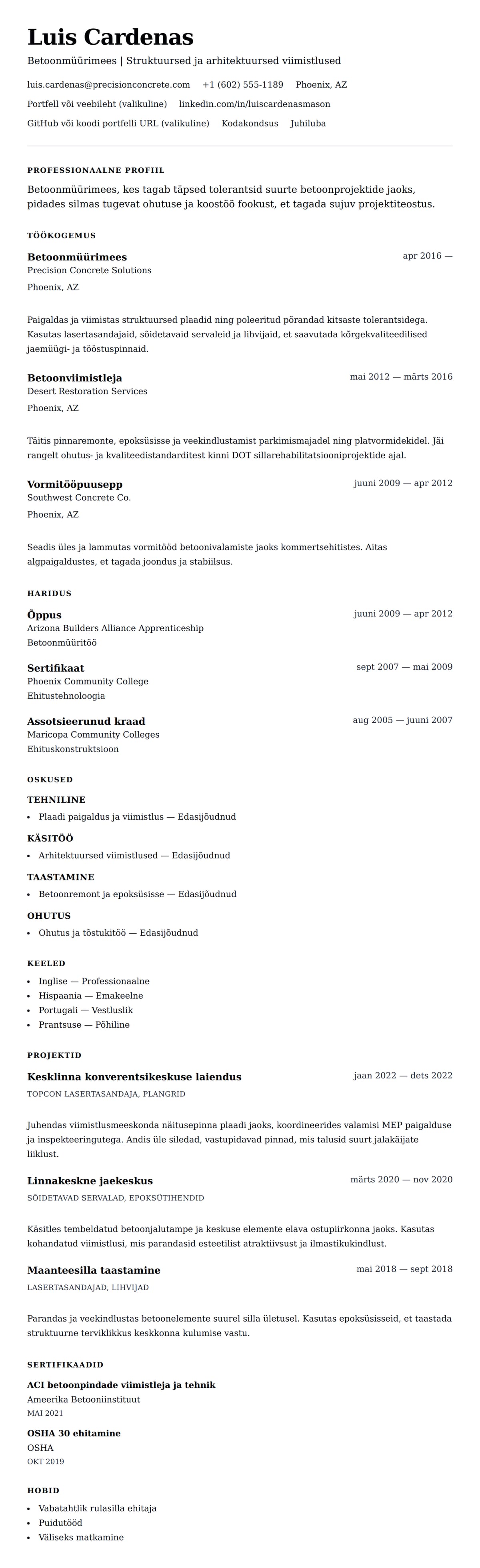 CV eelvaade Betoonmüürimehe CV näide jaoks