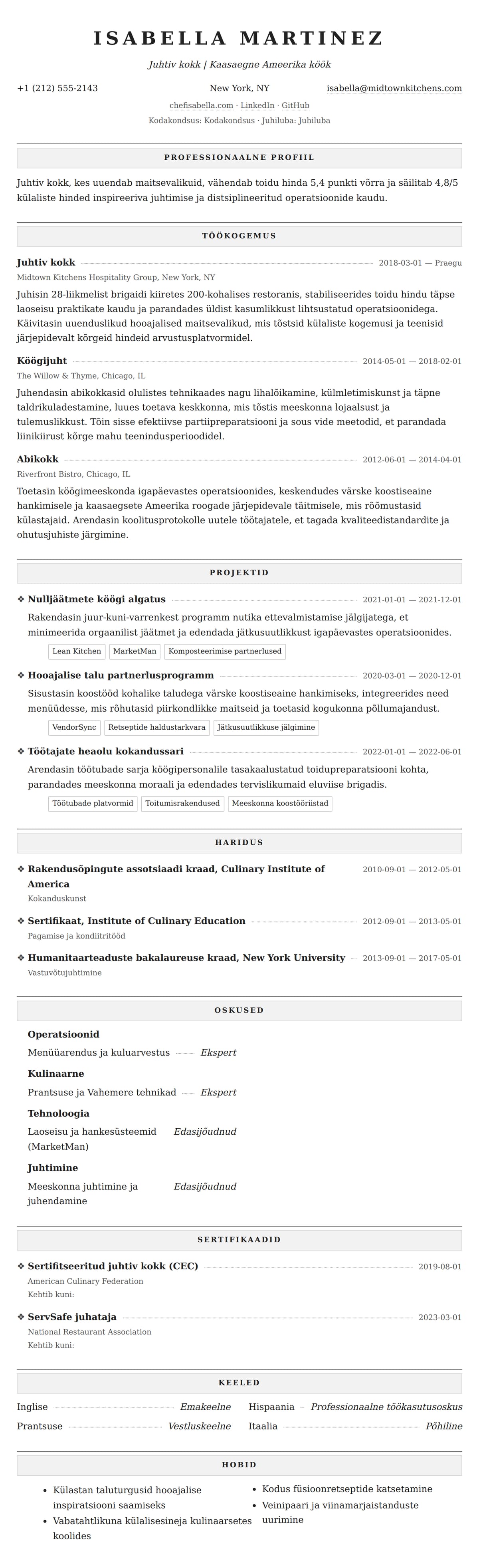 CV eelvaade Peakoka CV näide jaoks