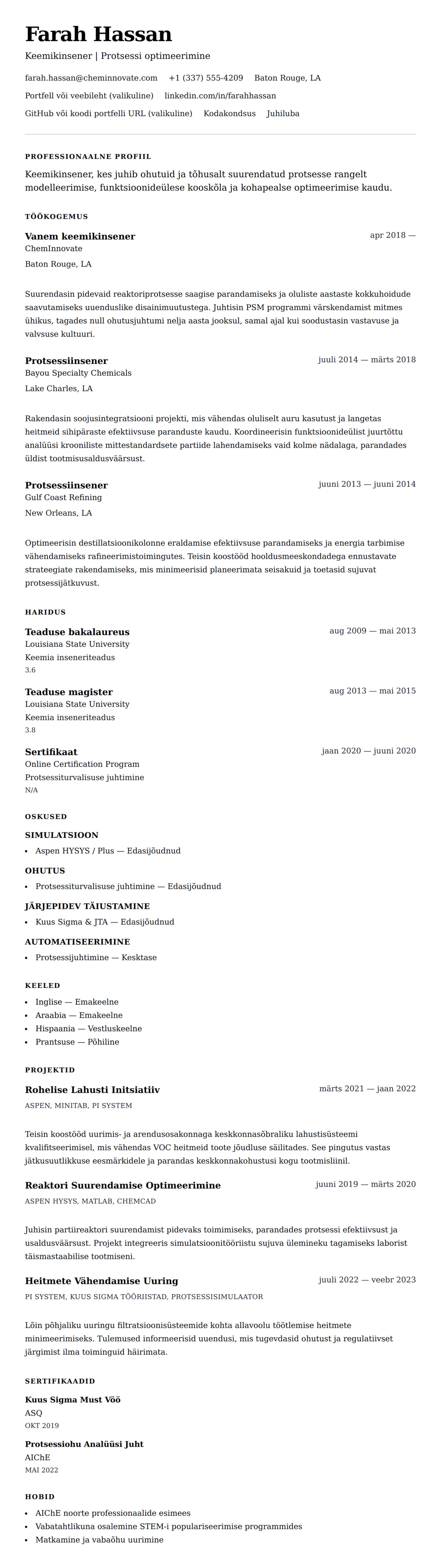 CV eelvaade Keemikinseneri CV näide jaoks