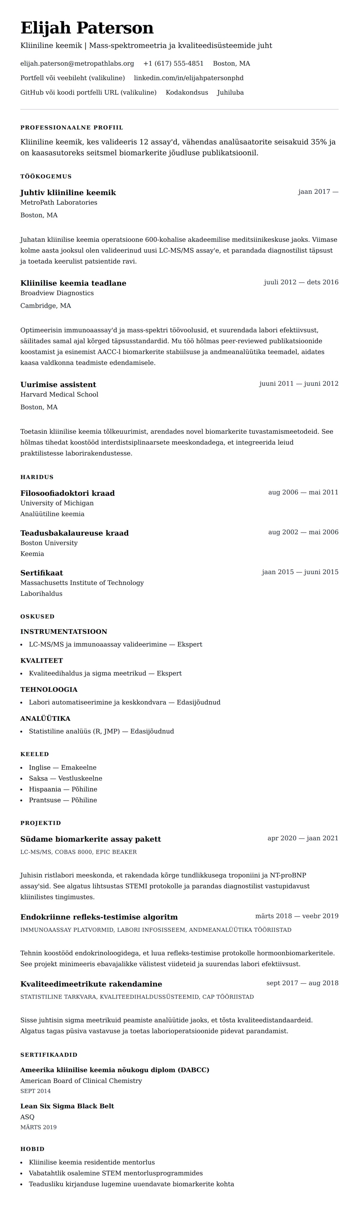 CV eelvaade Kliinilise keemiku CV näide jaoks