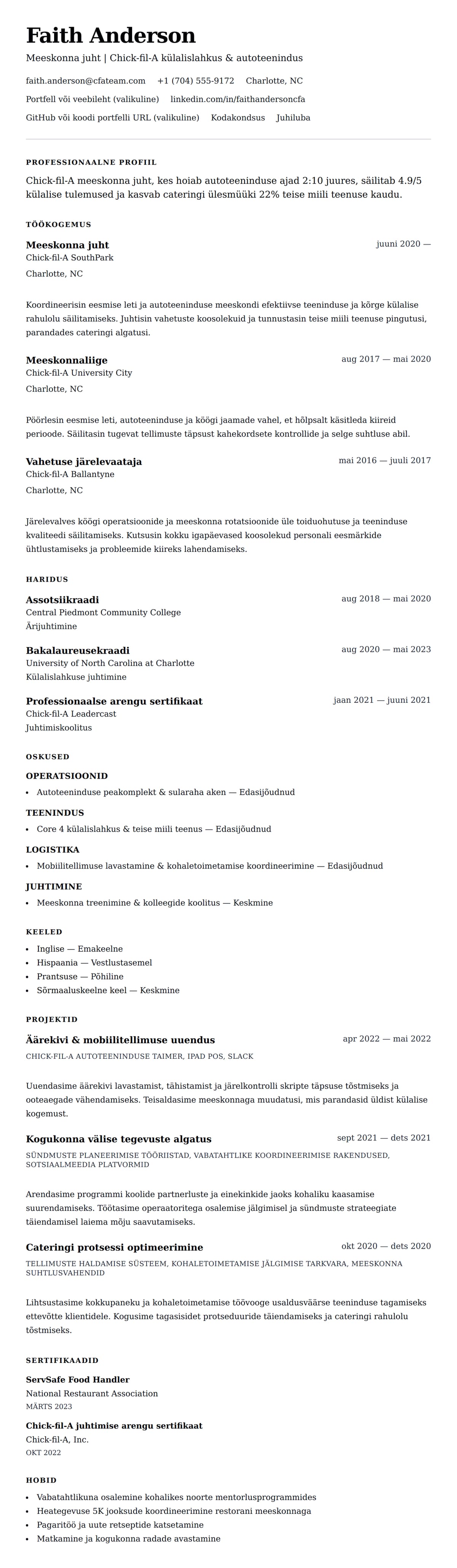 CV eelvaade Chick-fil-A meeskonnaliikme CV näide jaoks