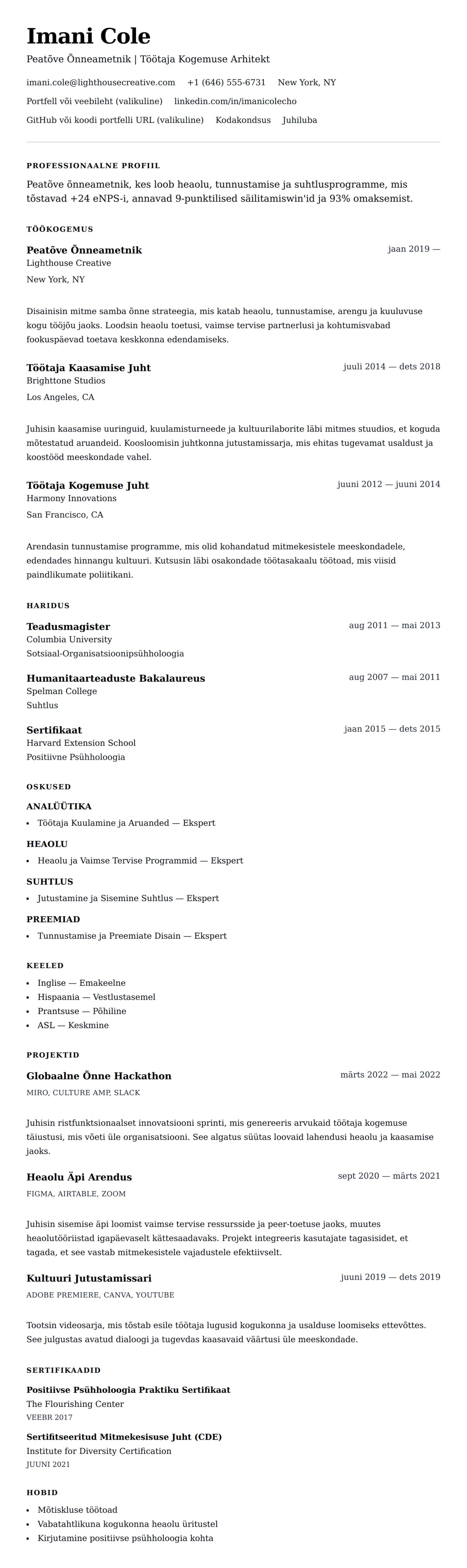 CV eelvaade Peatõve Õnneametnik (PÕA) CV Näide jaoks