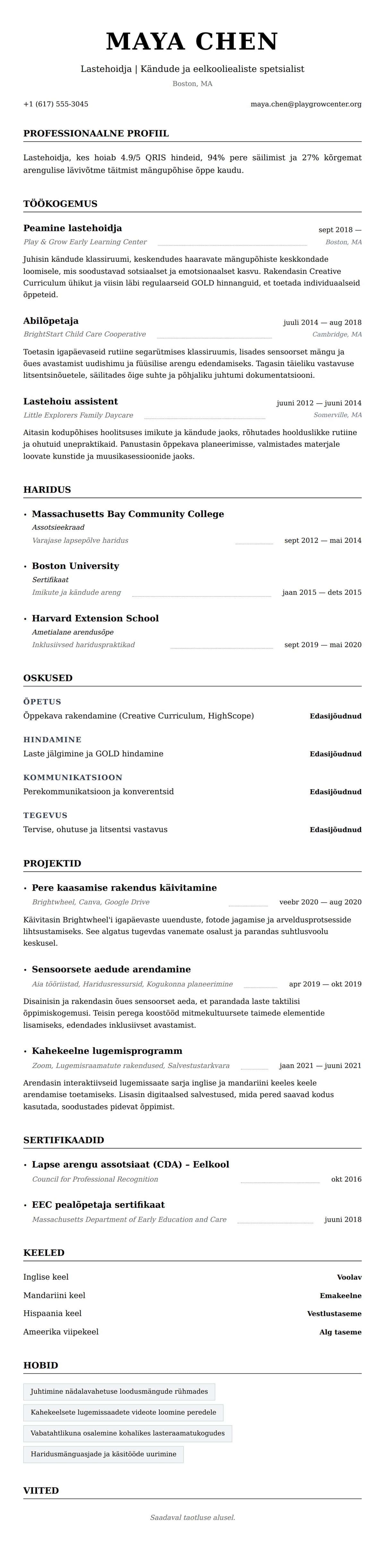 CV eelvaade Lastehoidja CV näide jaoks