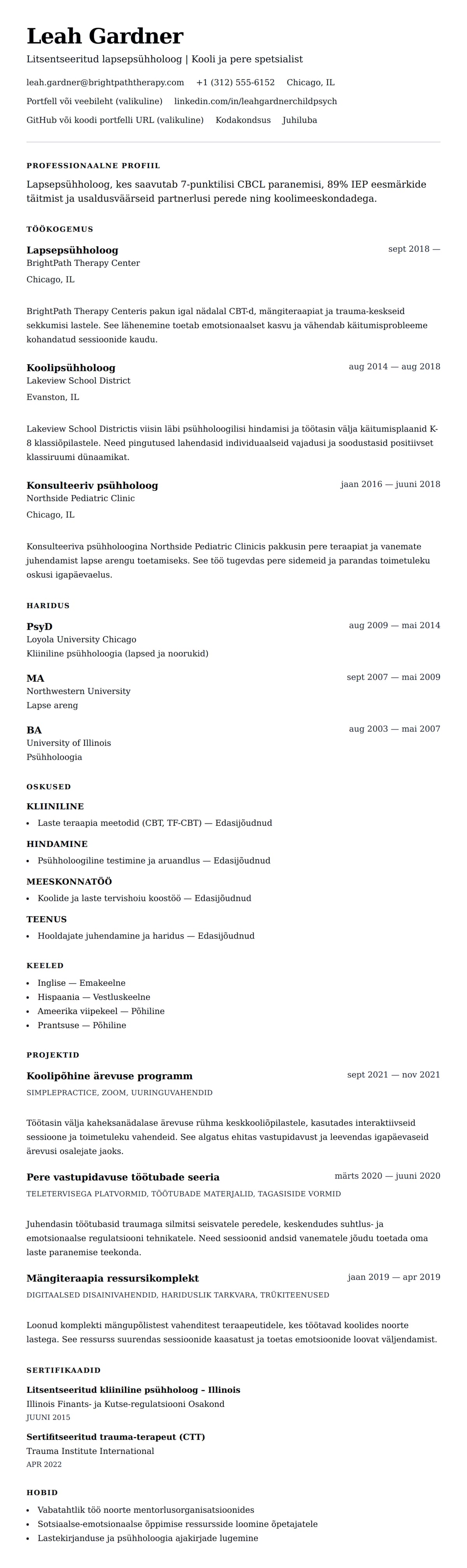 CV eelvaade Lapsepsühholoogi CV näide jaoks