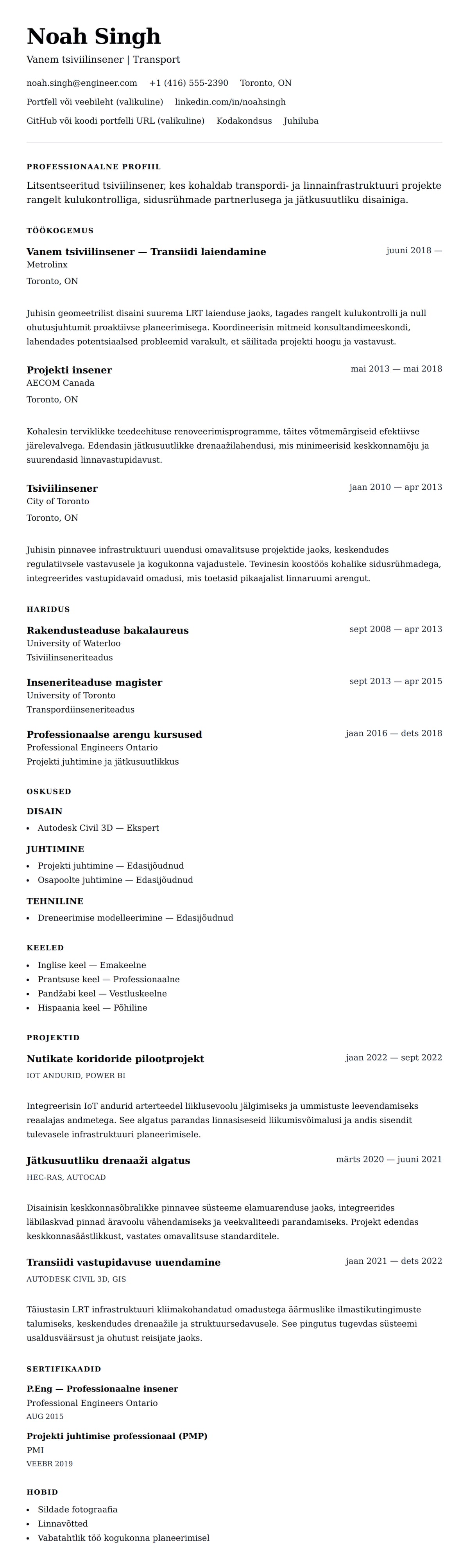 CV eelvaade Tsiviilinseneri CV näide jaoks