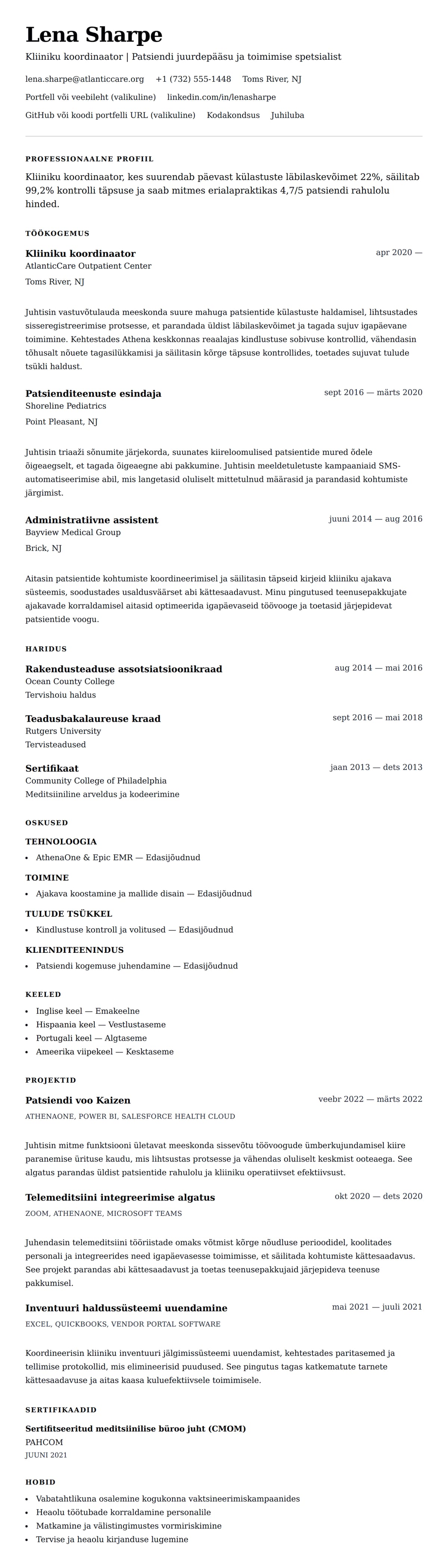 CV eelvaade Kliiniku koordinaatori CV näidis jaoks