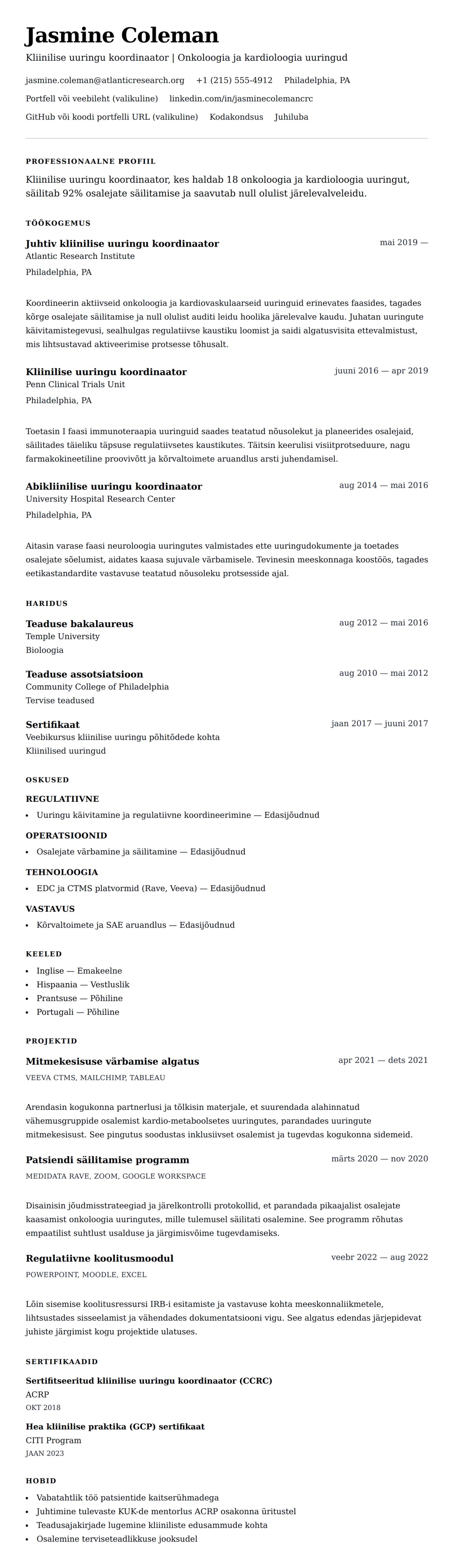 CV eelvaade Kliinilise uuringu koordinaatori CV näide jaoks
