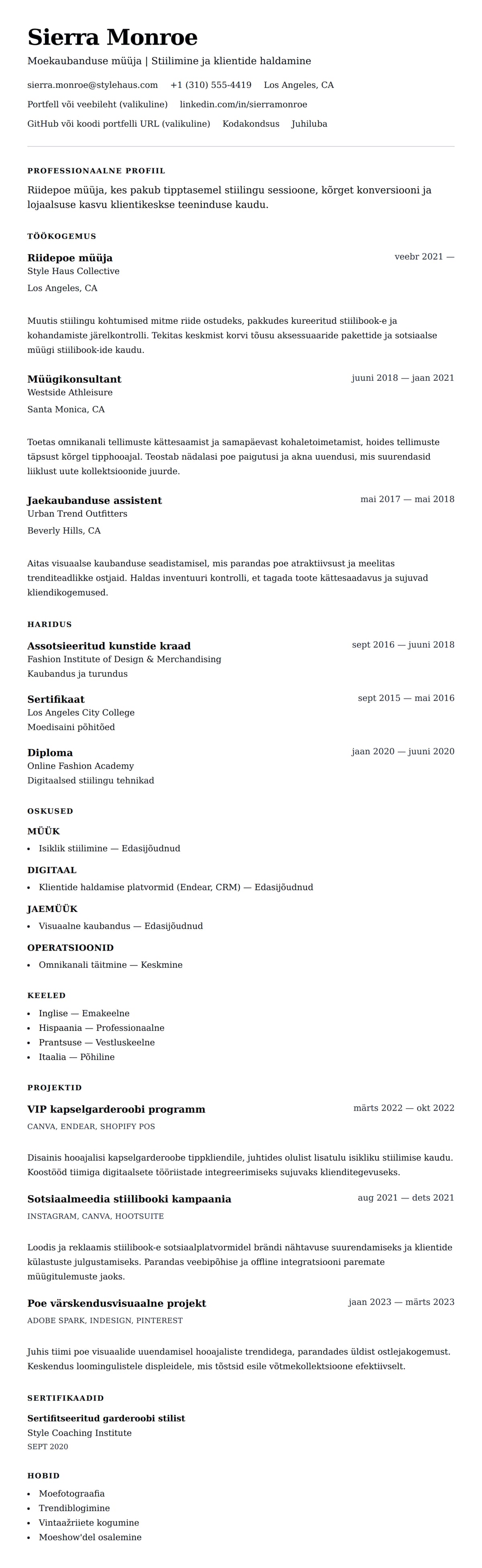 CV eelvaade Riidepoe müüja CV näide jaoks