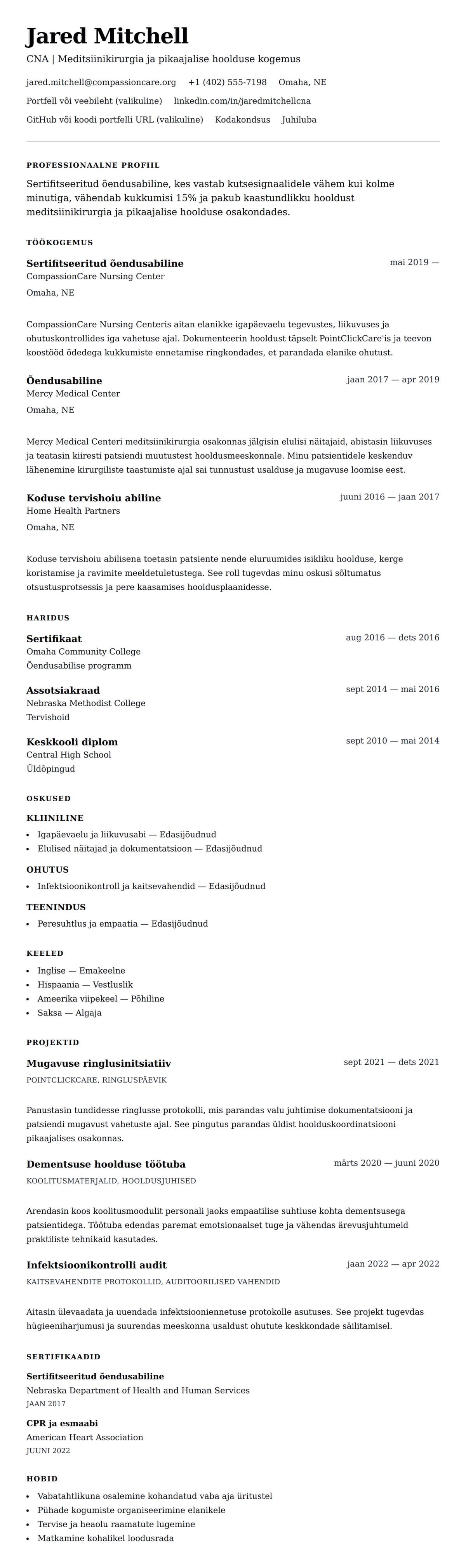 CV eelvaade Näidis CV sertifitseeritud õendusabile (CNA) jaoks