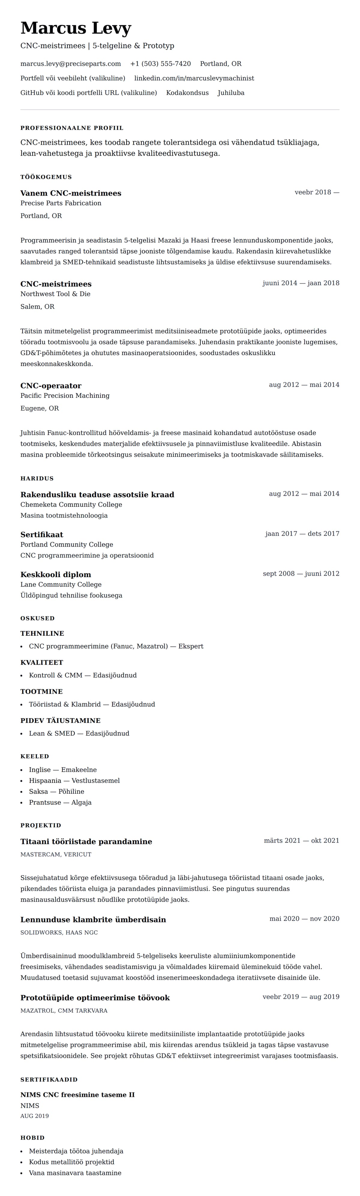 CV eelvaade CNC-meistrimehe CV näide jaoks